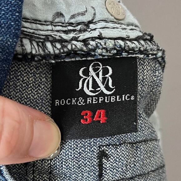 Rock & Republic Mens Taylor Bootcut Jeans 34 Embellished Flap Pockets Distressed - Picture 10 of 14